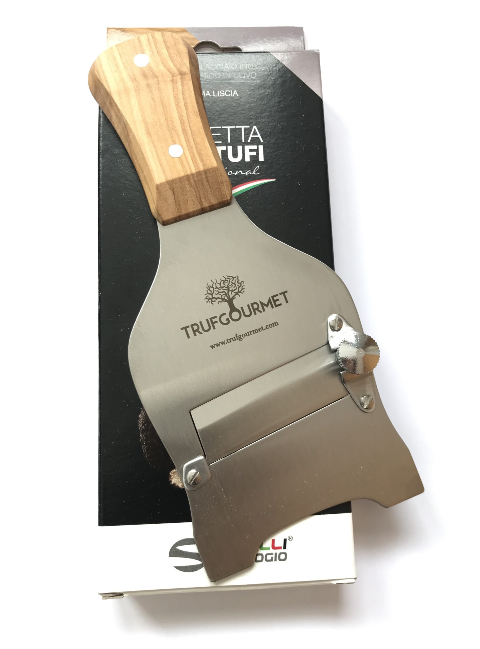 Laminador de trufa en acero inoxidable con mango de madera de olivo